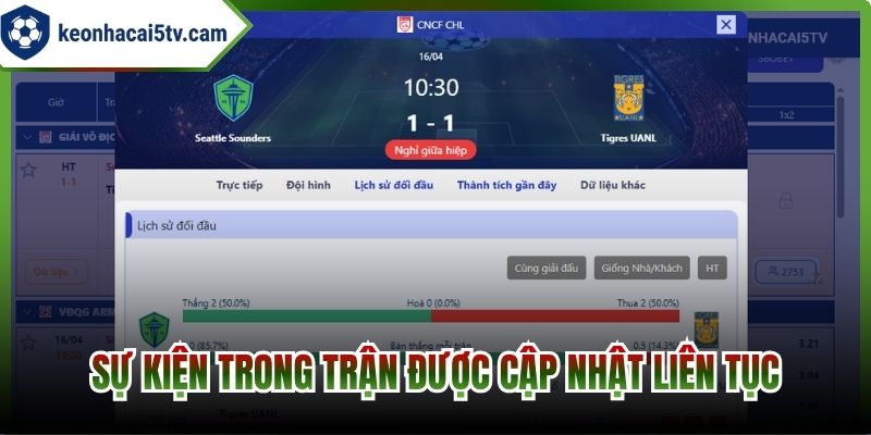 Sự kiện trong trận được cập nhật liên tục